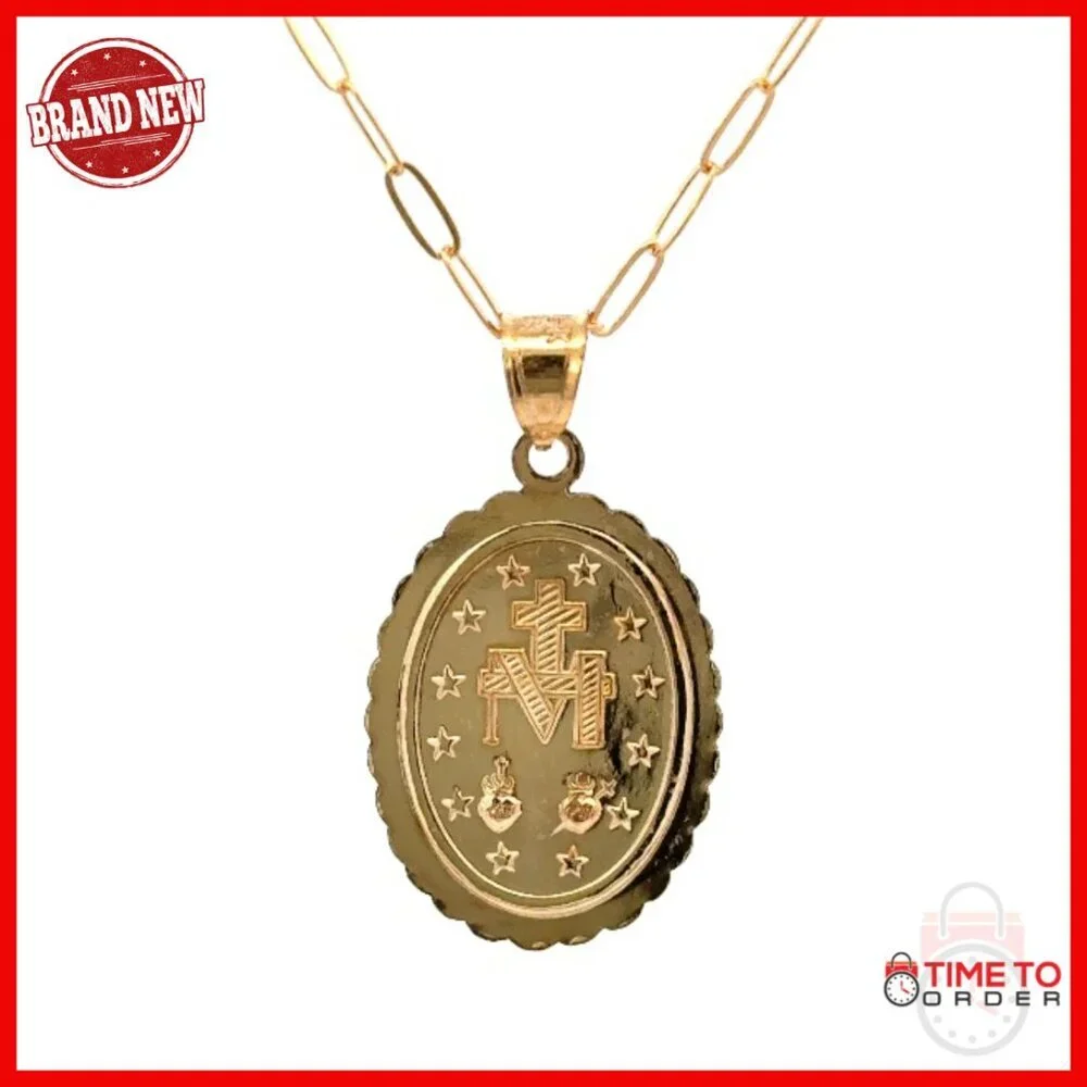14K Gold Virgin Mary Miraculous Medal Pendant for Necklace, Religious Jewelry